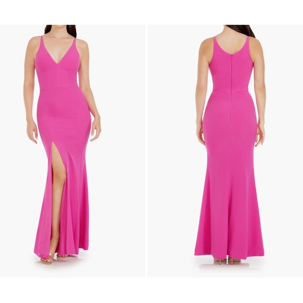 Dress The Population Iris Gown Bright Fuchsia V-Neck Side Slit Maxi Dress XXS